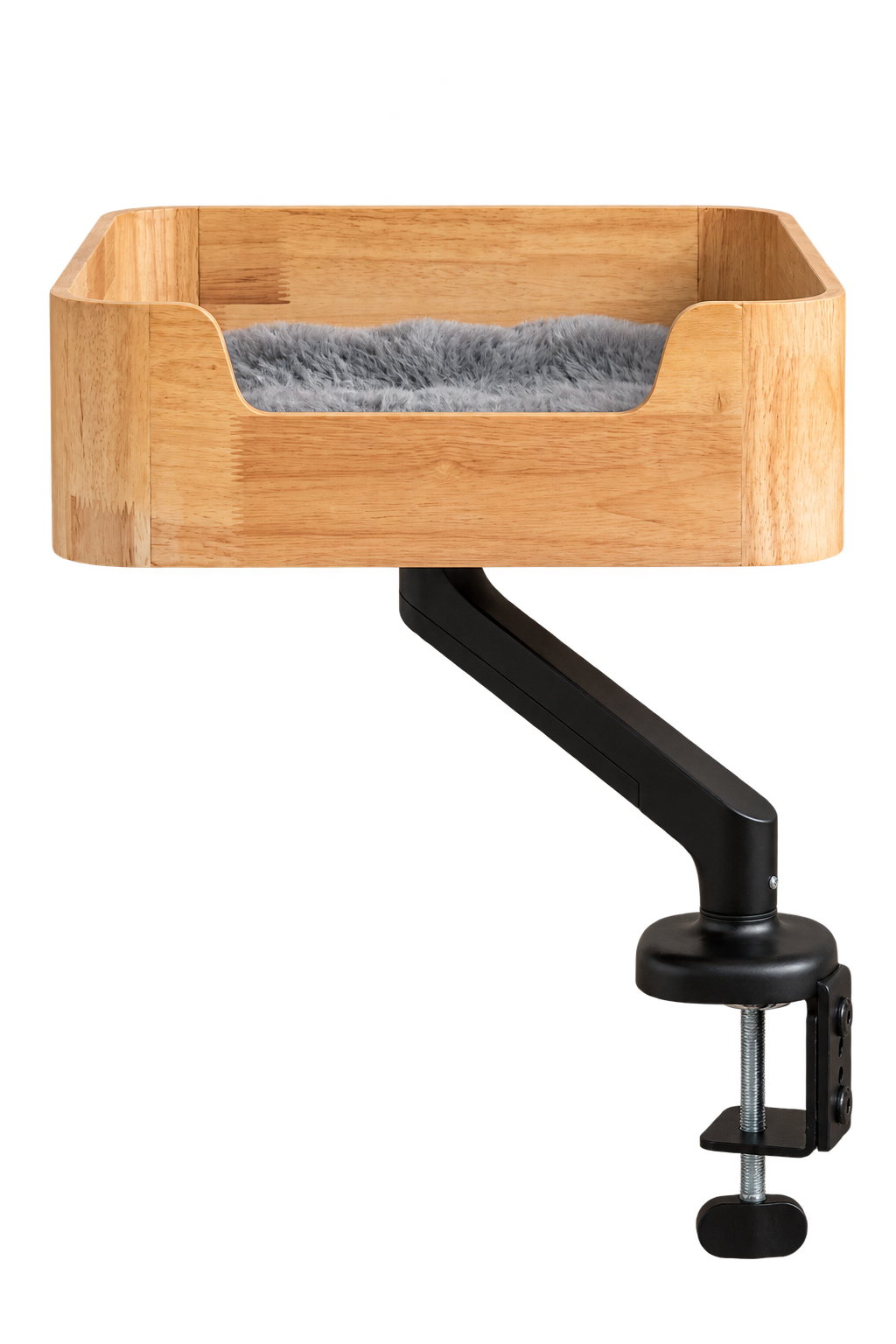 Catomi desk cat bed in Natural with grey cushion, swivel arm and desk clamp on a white background