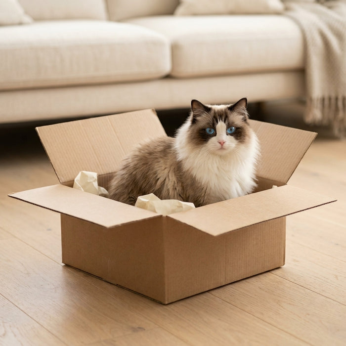 Ragdoll cat sitting in an open delivery box