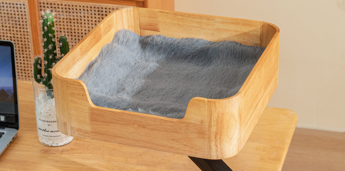 Natural Catomi desk cat bed with grey cushion on a desk
