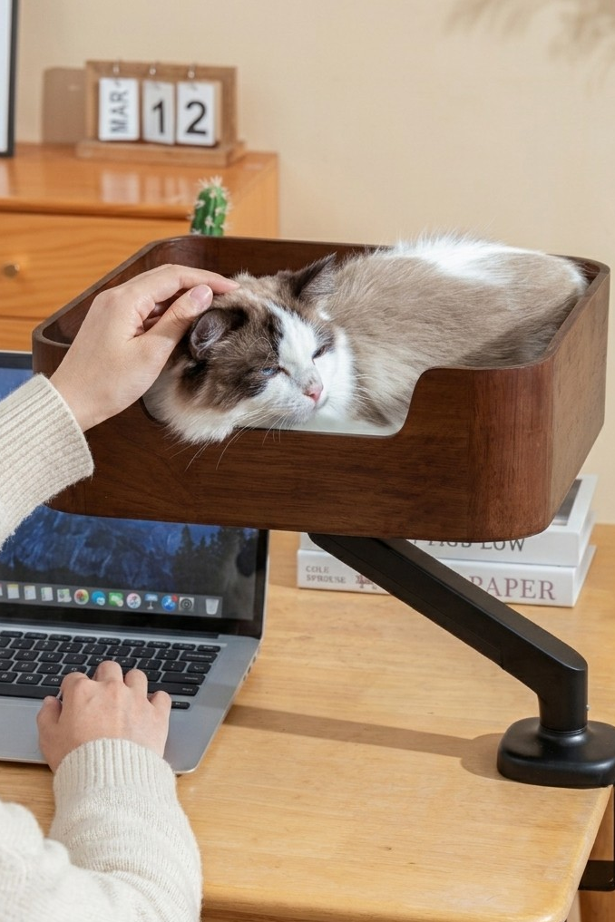 Person at a laptop stroking a Ragdoll cat in the Catomi desk cat bed in Walnut