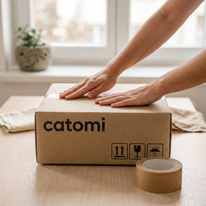 Hands sealing a cardboard shipping box with paper tape